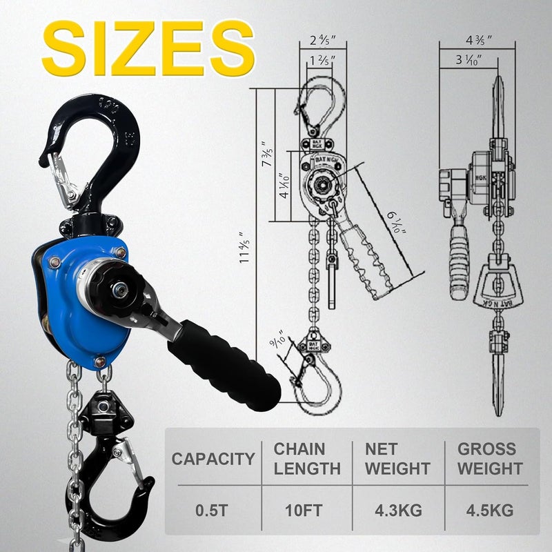 FITHOIST Heavy-Duty Manual Lever Chain Hoist Come Along 1/2 Ton 1100LBS 10FT Lift, Enhanced Pawl Brake Industrial G80 Alloy Steel w/ 360° Hooks for Construction Logging Garage Warehouse, Blue - Image 4